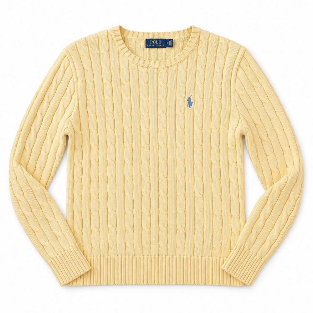 Ralph Lauren Yellow Cable Knit Womens L 100% Cotton Pony Logo Preppy Coastal
